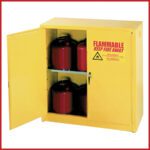 A yellow metal chemical storage cabinet with FLAMMABLE KEEP FIRE AWAY text. The open door reveals red containers inside on two shelves, expertly designed for securely storing flammable liquids.