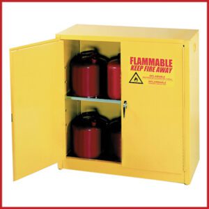 A yellow metal chemical storage cabinet with FLAMMABLE KEEP FIRE AWAY text. The open door reveals red containers inside on two shelves, expertly designed for securely storing flammable liquids.