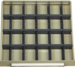 An empty beige drawer organizer with sixteen compartments arranged in a 4x4 grid. Each compartment is separated by dark dividers, and the organizer is viewed from above.