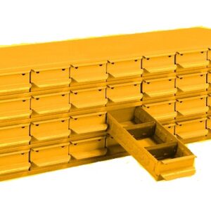 A yellow multi-drawer storage cabinet with 32 small square drawers. One drawer is partially open, revealing its compartment. The cabinet has a vintage industrial look and is designed for organizing small items.