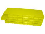 Yellow organizer cabinet with multiple small drawers, arranged in a grid pattern. One drawer is slightly pulled out, revealing storage space inside. The organizer is placed against a plain white background.