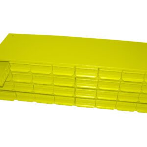 Yellow organizer cabinet with multiple small drawers, arranged in a grid pattern. One drawer is slightly pulled out, revealing storage space inside. The organizer is placed against a plain white background.
