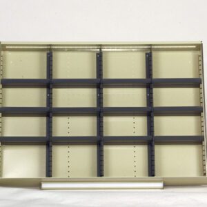 Empty beige shelving unit with multiple adjustable black dividers, set against a plain white background. The shelf appears to be made of metal and is designed for organizing small items.