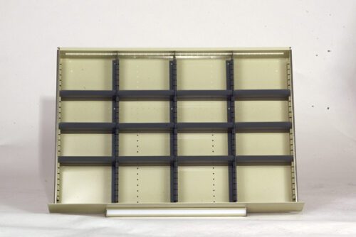 36-24F-8939.jpg Empty beige shelving unit with multiple adjustable black dividers, set against a plain white background. The shelf appears to be made of metal and is designed for organizing small items.