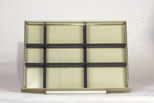 36-24H-8945.jpg A beige, empty modular display shelving unit with adjustable horizontal black shelves set against a plain white background. The shelves are divided into three rows and three columns, forming a grid-like structure.