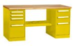 A yellow metal desk with a wooden top, featuring Equipto Storage Solutions and customizable shelving systems. It has two sets of drawers on each side and a horizontal footrest bar in the middle.