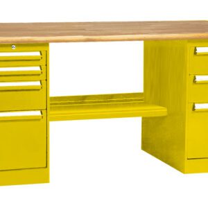 A yellow metal desk with a wooden top, featuring Equipto Storage Solutions and customizable shelving systems. It has two sets of drawers on each side and a horizontal footrest bar in the middle.