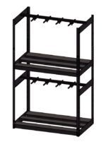 Illustration of a black metal shelving unit with two levels and multiple horizontal bars. Each level can support additional items and has hooks protruding from the top structure. The shelves are unstacked and lack any backing.