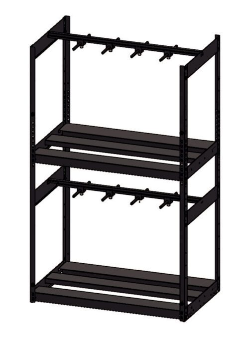 Illustration of a black metal shelving unit with two levels and multiple horizontal bars. Each level can support additional items and has hooks protruding from the top structure. The shelves are unstacked and lack any backing.