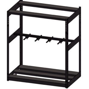 3D rendering of a black metal rack with three shelves and several pegs on the middle shelf. The structure is open with no backing or side panels, suitable for organizing or storing items.