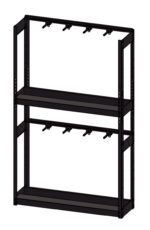 Illustration of a black metal storage shelving unit with two shelves. The frame has vertical bars and adjustable brackets for supporting the shelves. The minimalist design appears sturdy and suitable for organizing items.