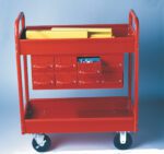 A red utility cart with two shelves, eight small drawers, and a top section holding flat yellow folders. The cart is on four wheels with two large ones visible.