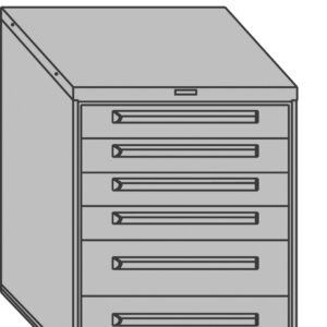 Illustration of a gray, five-drawer filing cabinet with a flat top. Each drawer has a handle for opening. The cabinet is slightly angled to show its side and front.