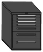 A black metal filing cabinet with seven drawers. The cabinet has a square shape and each drawer features a horizontal handle.