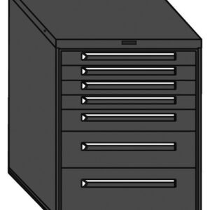 A black metal filing cabinet with seven drawers. The cabinet has a square shape and each drawer features a horizontal handle.