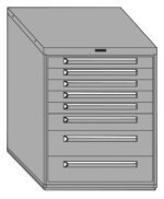 Illustration of a gray, metal filing cabinet with eight drawers. The cabinet has a flat top and is viewed from a slight angle, showing both the front and one side. Each drawer has a recessed handle.