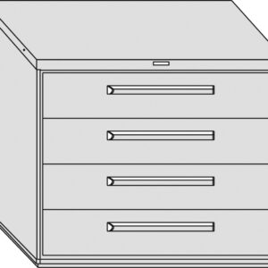 Illustration of a rectangular, three-drawer filing cabinet with horizontal handles. The design is simple and monochromatic, showing a front view with a slight angle to reveal one side.