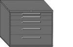 Illustration of a gray metal filing cabinet with five horizontal drawers. Each drawer has a sleek handle, and the cabinet is placed on a white background.