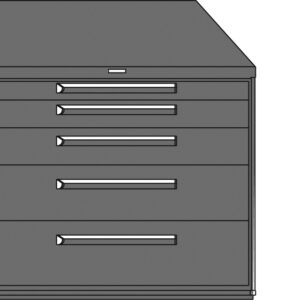 Illustration of a gray metal filing cabinet with five horizontal drawers. Each drawer has a sleek handle, and the cabinet is placed on a white background.