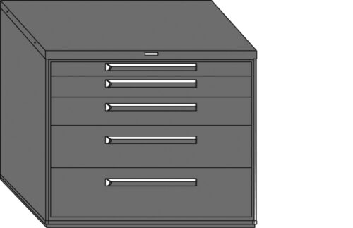 444538-113-5d.jpg Illustration of a gray metal filing cabinet with five horizontal drawers. Each drawer has a sleek handle, and the cabinet is placed on a white background.