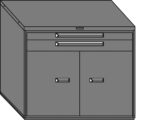 Illustration of a gray, two-drawer filing cabinet with two lower doors. The cabinet has horizontal handles on both the drawers and the doors, and it is depicted with simple lines and shading.