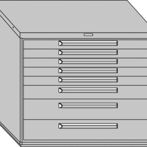 Illustration of a gray, multi-drawer filing cabinet with nine drawers, featuring horizontal handle designs. The cabinet has a simple, boxy shape and is shown from a slight angle.