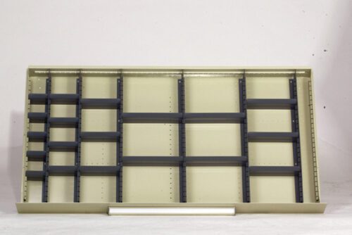 A beige wooden shelf with multiple compartments, designed for organizing items. The shelf has evenly spaced vertical and horizontal dividers of varying sizes, creating a grid pattern against a plain white background.