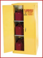 Yellow cabinet with a partially open door reveals three red fuel cans on shelves. A warning label reads Flammable, Keep Fire Away. This chemical storage cabinet ensures safe storage for flammable materials.
