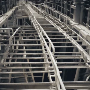 A complex metal network covered in frost forms an intricate industrial pattern, with ships ladders ascending steeply, enhancing the icy atmosphere and suggesting a storage or manufacturing facility in freezing conditions.