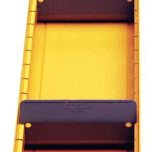 A yellow metal shelf with a handle at the bottom and two black horizontal dividers. The unit has an industrial design with visible brackets and a textured surface.