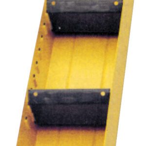 Yellow storage bin with two black dividers and a smooth surface. Designed for organizing tools or small parts, it features a raised back and open front for easy access.