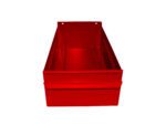 Red rectangular metal storage bin with high sides and an open top, viewed from the front. The bin has two small holes near the top edge on the back side.
