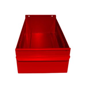 Red rectangular metal storage bin with high sides and an open top, viewed from the front. The bin has two small holes near the top edge on the back side.