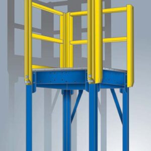 Illustration of a yellow and blue industrial safety gate on a platform with guardrails. The gate is elevated on blue support legs, with parts of its structure highlighted in yellow for visibility. A shadow of the gate is cast on the gray background.