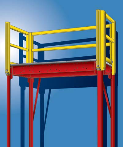 971.jpg Illustration of a colorful scaffolding platform that resembles a vibrant catwalk. The structure features a red base with yellow guardrails against a blue backdrop, highlighted by light from the top left corner.