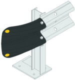 Depiction of the MH-USA Armco Fishtail Safety End - Black with metal guardrail, featuring black padding on the curve. It is mounted on a vertical support with a square base and includes bolt connections and bright yellow end caps.