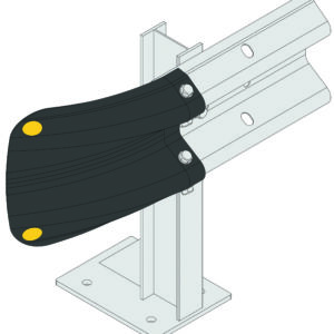 Depiction of the MH-USA Armco Fishtail Safety End - Black with metal guardrail, featuring black padding on the curve. It is mounted on a vertical support with a square base and includes bolt connections and bright yellow end caps.