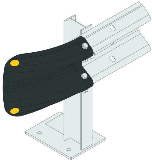 Depiction of the MH-USA Armco Fishtail Safety End - Black with metal guardrail, featuring black padding on the curve. It is mounted on a vertical support with a square base and includes bolt connections and bright yellow end caps.