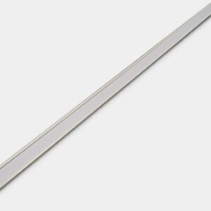 A long, thin metal strip with a flat, slightly reflective surface resembles the sleek design of an MH-USA Self-Adhesive Label Holder - White, measuring H.0.59 in. x W.39.37 in., positioned diagonally on a white background.