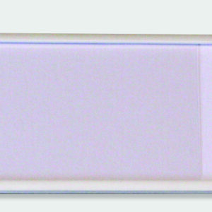 A rectangular glass slide with a light purple tint, partly covered by a clear sheet on the left, is stylishly paired with an MH-USA Self-Adhesive Label Holder in white (1.97 x 3.15). It lies on a plain, light gray background for a minimalist look.