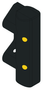 The MH-USA Armco Pedestrian Safety End in black features a rectangular design with two wing-like structures on the left, two yellow ovals on the front, and a central hole between the wings.