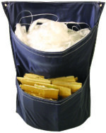 The MH-USA Racksack Rollcage - 2 Pockets is a versatile blue recycling bag with crumpled plastic bags in the upper pocket and flattened cardboard in the lower. Designed with hanging eyelets, it efficiently manages recyclables.