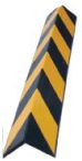 The TCT Corner Guard - Medium Duty, 31L is a yellow and black striped rubber guard designed to protect corners in parking structures or industrial areas, resembling a tall triangular prism with alternating diagonal stripes.