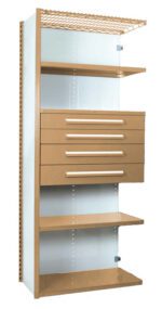 A tall, rectangular wooden shelving unit with a metal wire top shelf, four drawers in the middle, and three open shelves at the top, middle, and bottom. The drawers have white handles.