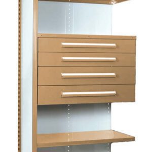 A tall, rectangular wooden shelving unit with a metal wire top shelf, four drawers in the middle, and three open shelves at the top, middle, and bottom. The drawers have white handles.