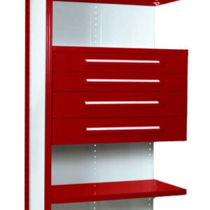 Red and white shelving unit with multiple shelves and four red drawers, featuring a red wire top shelf.