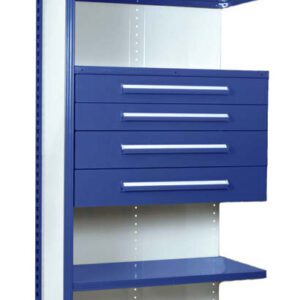 A tall storage cabinet with a blue and white design. It features a wire top shelf, three open shelves, and three middle drawers with handles. The cabinet is standing on a white background.