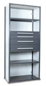 A tall, metal storage cabinet with a gray frame and a wire top shelf. It features two open shelves, three closed drawers with handles, and two glass side panels. The design is industrial and functional.