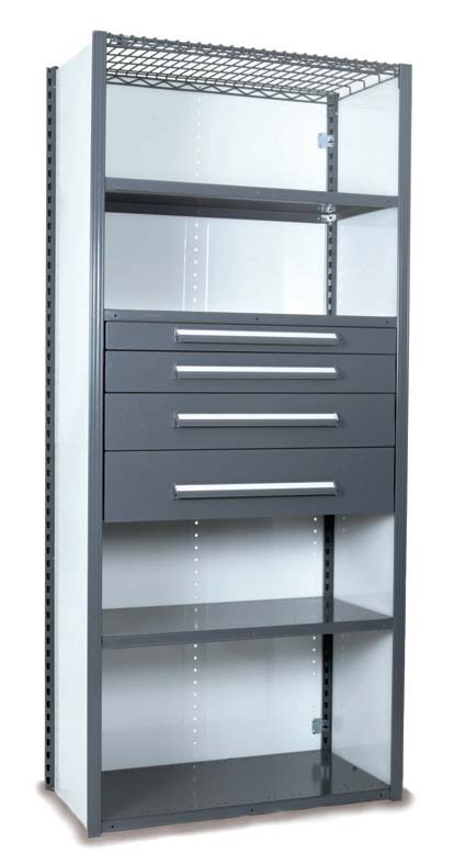 CLosed20Preconfigured20Starter20-201203201204201206201207_OFFICE20GRAY.jpg A tall, metal storage cabinet with a gray frame and a wire top shelf. It features two open shelves, three closed drawers with handles, and two glass side panels. The design is industrial and functional.