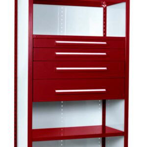 Red and white metal storage cabinet with five drawers and two open shelves. The cabinet features a perforated top and sleek handles. The design is modern and functional.